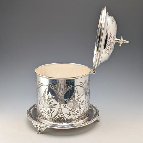 古董英國鍍銀餅乾桶,飾有鳥類